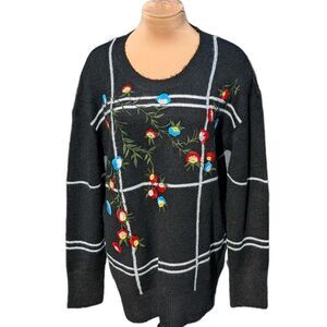 Curations Black Floral  Embroidered Windowpane Grid Long Sleeve Sweater Large